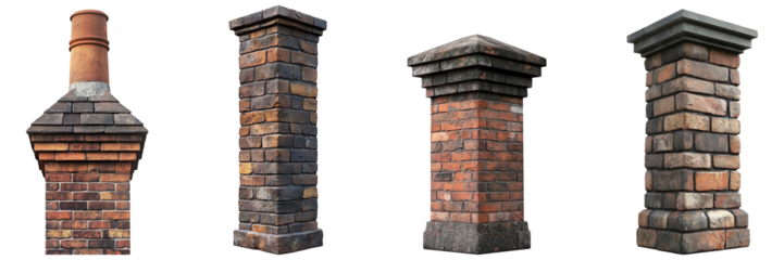 Collection of chimney stacks isolated on transparent background
