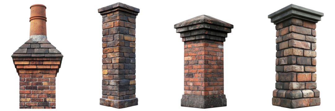 Collection of chimney stacks isolated on transparent background