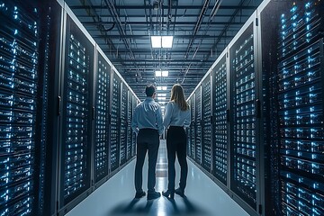 Tech professionals inspect data center servers