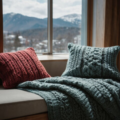 Cozy interior with knitted pillows and blanket on a window seat. Warm and soft textiles in a mountain cabin setting. Relaxing winter home decor with natural light and scenic snowy landscape view.