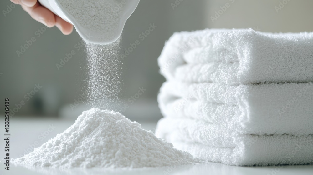 Poster Pouring laundry detergent powder onto a surface with folded white towels beside it in a bright and clean setting Generative AI