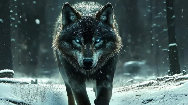 A fierce wolf with glowing blue eyes in the dark.