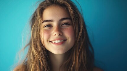 Cheerful long-haired girl exudes joy, vibrant energy radiates in a creative moment.
