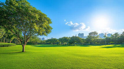 Obraz premium A tree stands in an expansive green field under a bright blue sky, ideal for a background or web banner