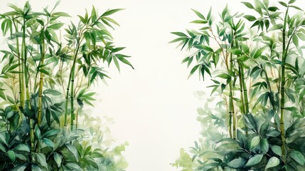 Obraz premium Watercolor Hand-Drawn Illustration of Lush Green Bamboo with Serene Nature Background