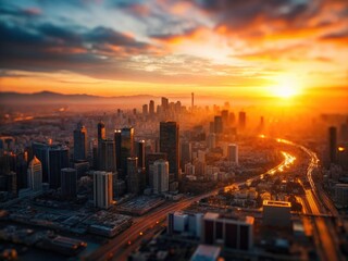 Tilt-Shift Cityscape Sunset Panorama: Golden Hour Urban Exploration Adventure