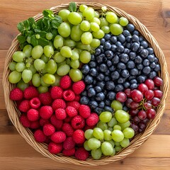 Assorted Fresh Fruit Basket, Raspberries, Grapes, and Blueberries