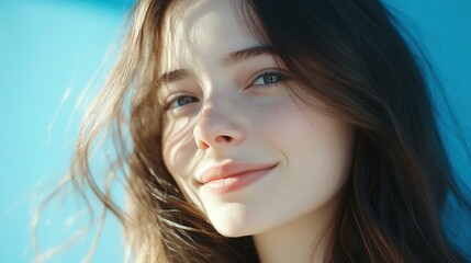 Cheerful long-haired girl exudes joy, vibrant energy radiates in a creative moment.
