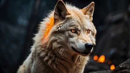 Fototapeta premium A majestic white wolf with piercing golden eyes emerges from vibrant flames,