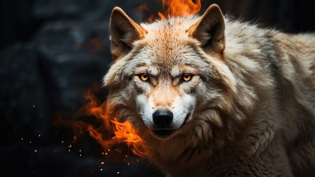 A majestic white wolf with piercing golden eyes emerges from vibrant flames,