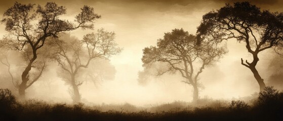 Serene autumn forest with hazy atmosphere and warm sepia tones
