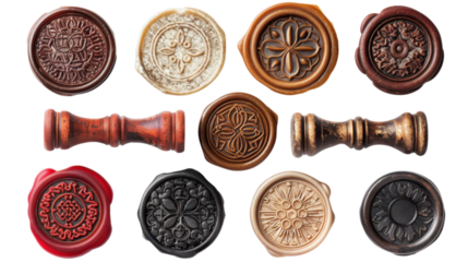 Set of various decorative wax seals and handles on transparent background