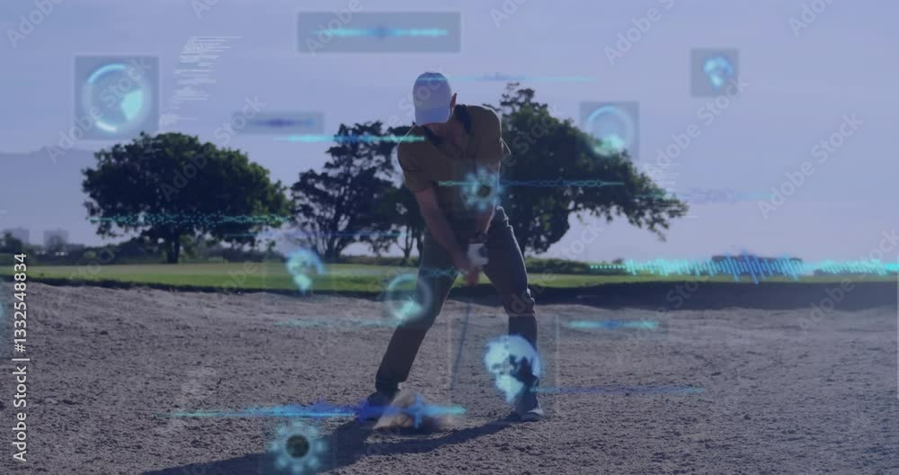 Poster golfer swinging club with digital data and technology animation overlay