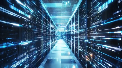 Glowing server racks in a modern data center, showcasing advanced technology and digital infrastructure.
