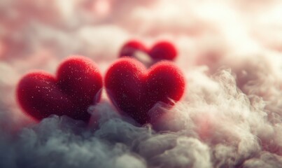 Fototapeta premium Red hearts in dreamy clouds, romantic background, Valentine's Day card