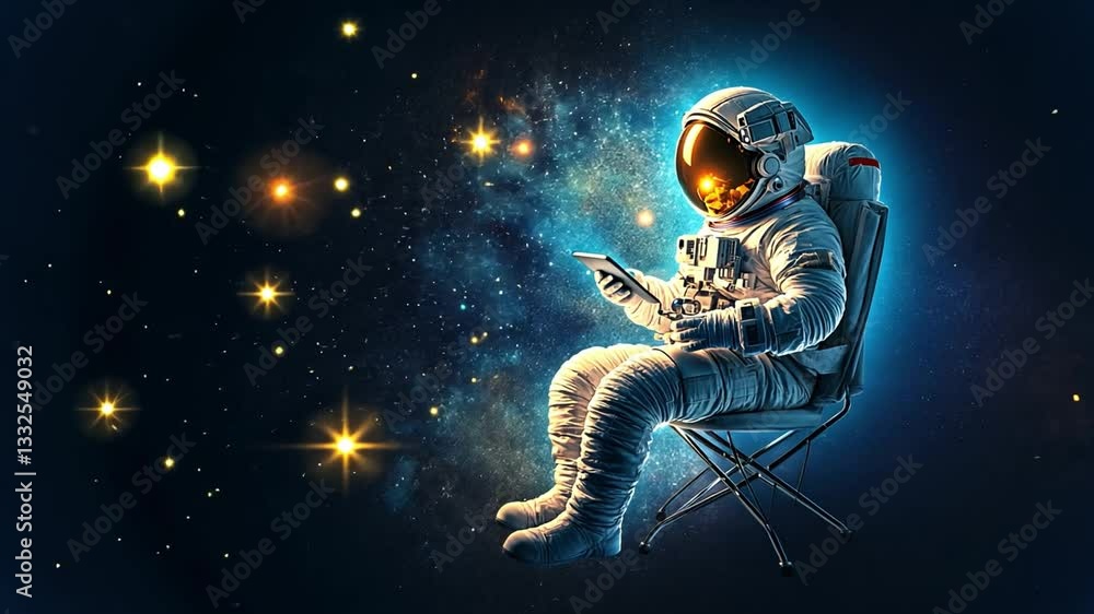 Poster astronaut relaxing in a chair while using a tablet in outer space surrounded by stars