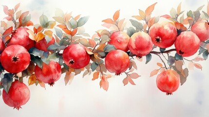 Watercolor Hand-Drawn Pomegranate Branch with Vibrant Red Fruit and Autumn Leaves