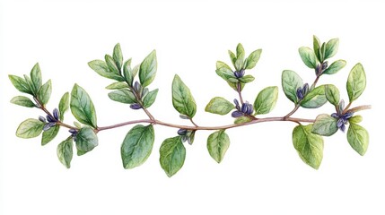 Fototapeta premium Watercolor Hand-Drawn Thyme Plant Branch With Green Leaves and Blue Berries on White Background