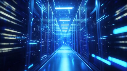 Glowing server racks in a modern data center, showcasing advanced technology and digital infrastructure.
