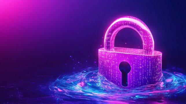 Futuristic data protection concept with neon lock and digital elements for security design