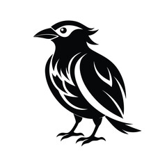 Vector illustration of a cartoon bird flying with wings, featuring a black crow or raven on a branch, showcasing wildlife and nature in a simple, symbolic design
