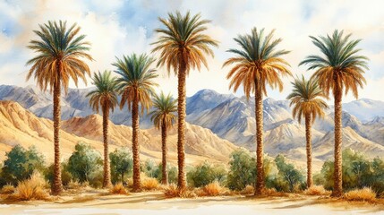 Fototapeta premium Watercolor Illustration of a Row of Date Palm Trees Against a Desert and Mountain Landscape