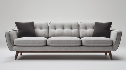 Fototapeta premium Modern gray sofa with two black pillows.