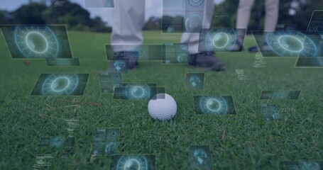 Golf ball on grass with digital data processing animation over player's feet - Powered by Adobe