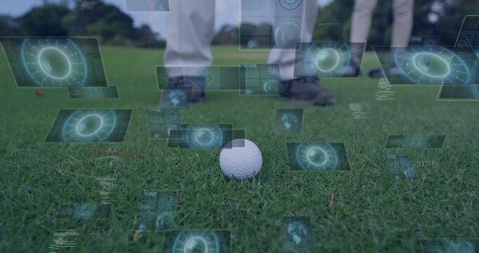 Golf ball on grass with digital data processing animation over player's feet - Powered by Adobe