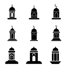 Obraz premium minarets and pillar icon set. Islamic Minaret and Pillar Silhouette Icons – Vector Illustration for Architecture and Design.