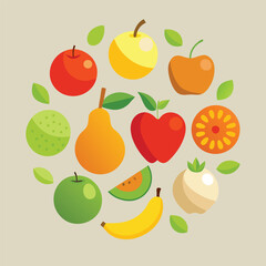 Obraz premium Colorful set of fresh fruits and berries illustration with various fruits like apple, pear, banana, strawberry, orange, lemon, plum, watermelon, and pineapple in a fun cartoon style