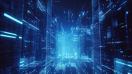 Glowing server racks in a modern data center, showcasing advanced technology and digital infrastructure.
