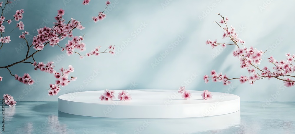 Aufkleber sakura display: a minimalist display of an empty cylindrical podium with sakura branches overhead, e