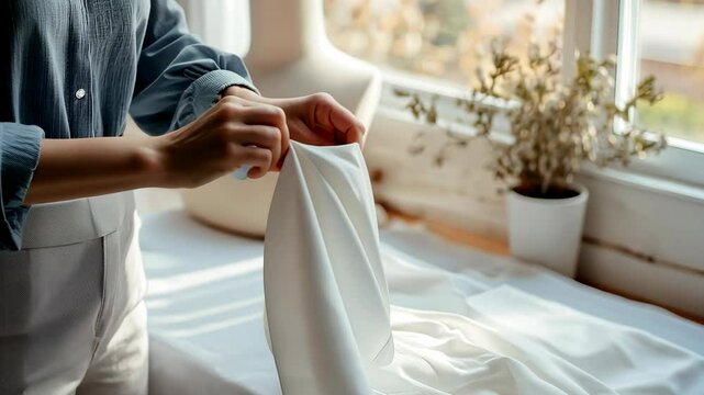 Hands of woman tailor, holds white fabric. Woman wearing blouse and light gray classic trousers. V1