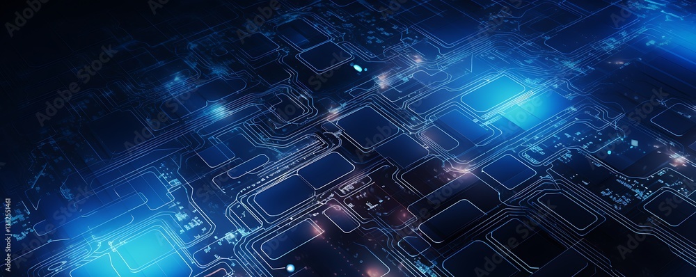Aufkleber digital pathways: an eye-level shot presents the intricate network of a circuit board bathed in a co