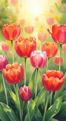 Obraz premium Watercolor painting of scarlet tulips in gentle hues creates an atmosphere of tranquility and admiration for the natural beauty of spring.