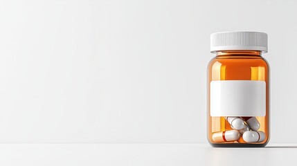 Close-up of a medicine bottle filled with white pills. The minimalistic setting and clean background create a focus on the product, ideal for health and wellness brands.