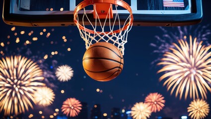 A basketball cascading through a hoop set against a backdrop of vibrant fireworks illuminating the night sky, creating a festive atmosphere