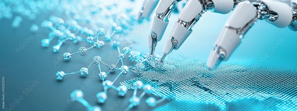 Poster futuristic robot hand interacting with digital data visualization