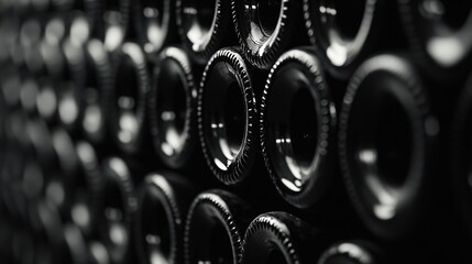 A row of wine bottles, softly lit, showcasing elegance and craftsmanship in a timeless display.

