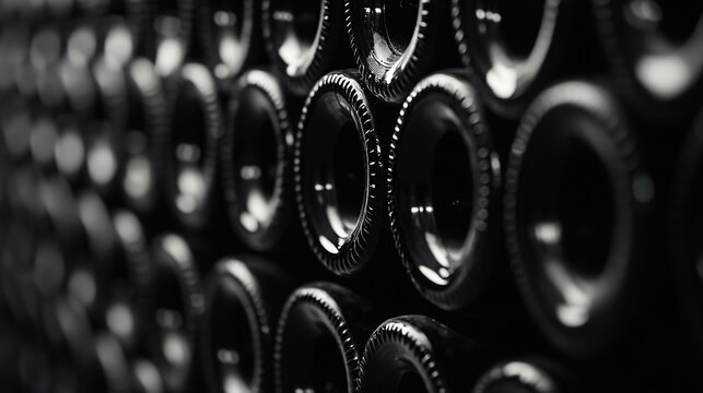 A row of wine bottles, softly lit, showcasing elegance and craftsmanship in a timeless display.
