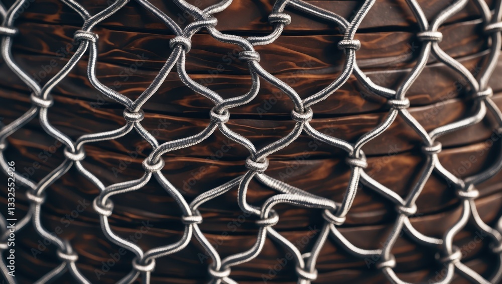 Poster close-up view of a woven wire mesh over a wooden surface, showcasing intricate patterns and textures