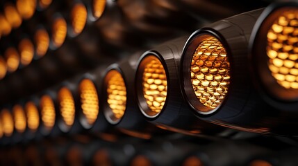 A row of wine bottles, softly lit, showcasing elegance and craftsmanship in a timeless display.
