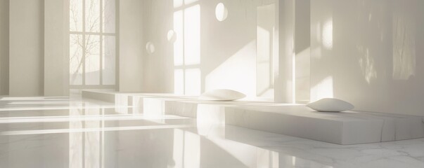 Serene minimalist interior with soft lighting.
