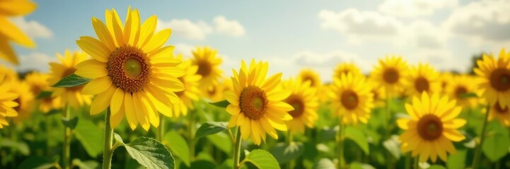 Obraz premium Sunflower field with yellow flowers swaying in wind, yellow fabric, nature