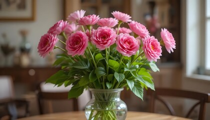 A Breathtaking Bouquet Of Delicate Pink Roses, A Symbol Of Love And Affection, Displayed In A Clear Glass Vase Within A Softly Lit, Inviting Home Setting