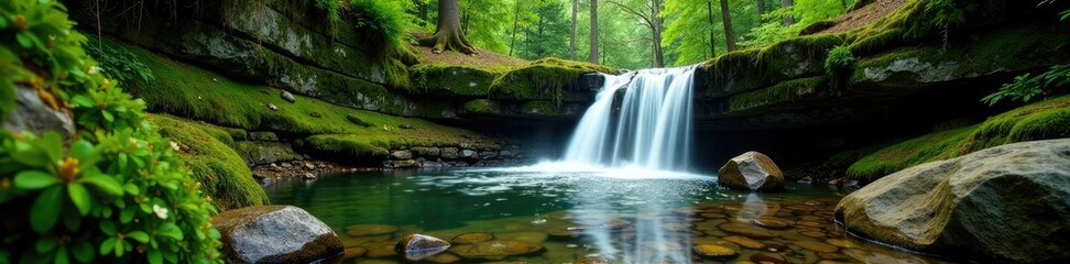 Fototapeta premium Water falls through a moss-covered rocky gorge in the woods, foliage, nature, landscape