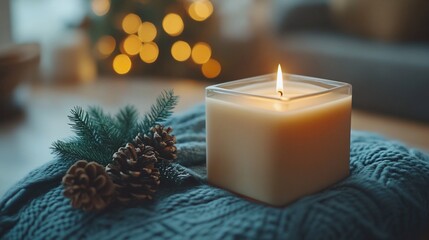 Lit candle with pinecones and greenery on a blue knitted blanket, bokeh background