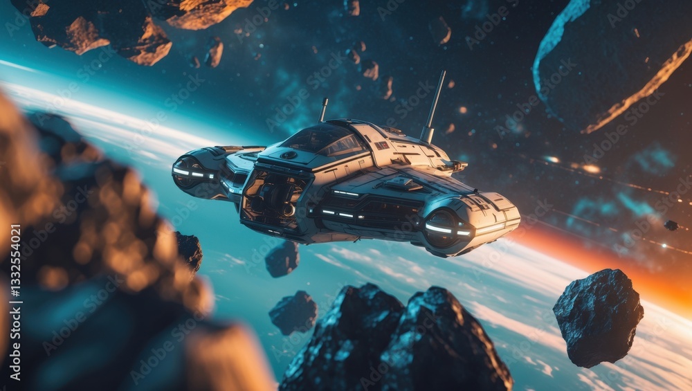 Poster futuristic spacecraft navigating through an asteroid field in outer space with vibrant cosmic colors