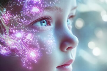 A child's face overlaid with a futuristic circuit board design, symbolizing technological advancement and the future of AI.